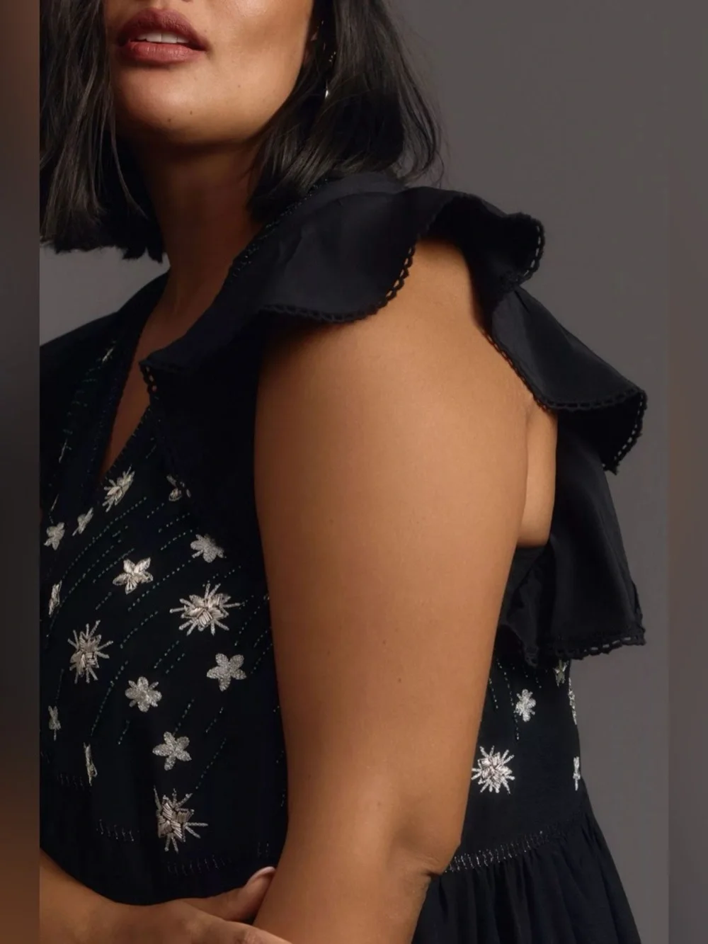 By Anthropologie | V-neck Floral-Embroidered Sequin Deco Swing Dress
